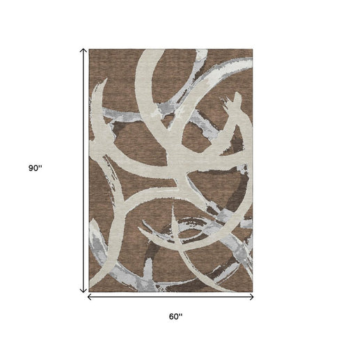 5' X 8' Brown Beige And Gray Abstract Washable Area Rug With UV Protection