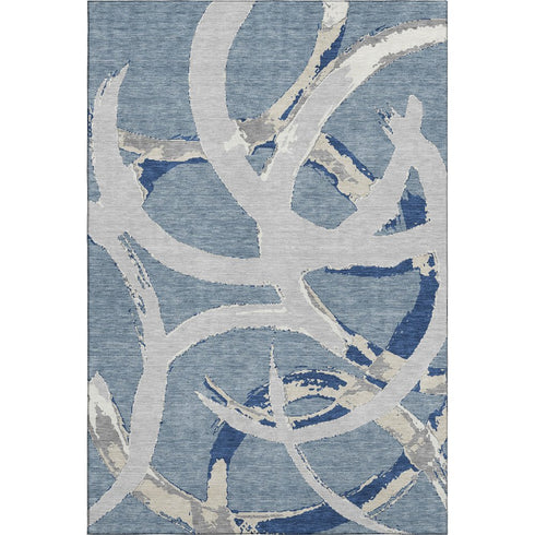 5' X 8' Denim Blue Gray And Ivory Abstract Washable Area Rug With UV Protection