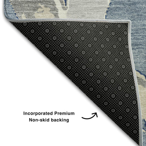 5' X 8' Denim Blue Gray And Ivory Abstract Washable Area Rug With UV Protection