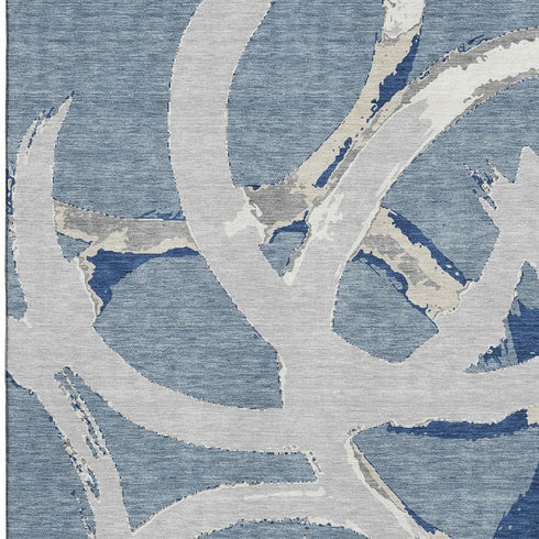 5' X 8' Denim Blue Gray And Ivory Abstract Washable Area Rug With UV Protection