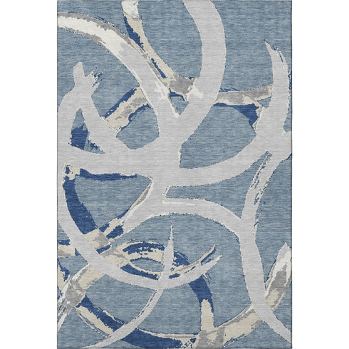 5' X 8' Denim Blue Gray And Ivory Abstract Washable Area Rug With UV Protection