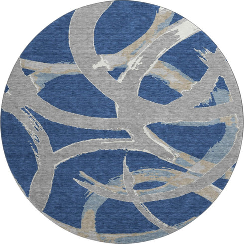 8' Navy Blue Gray And Ivory Abstract Washable Round Rug With UV Protection