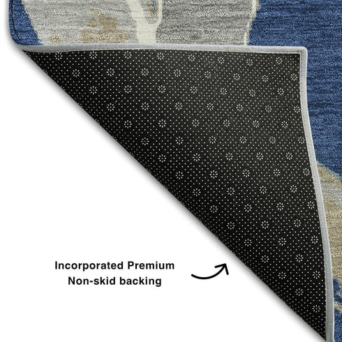 8' Navy Blue Gray And Ivory Abstract Washable Round Rug With UV Protection
