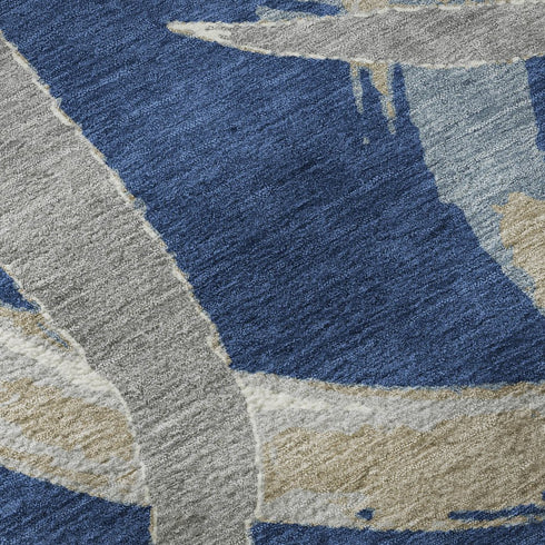 8' Navy Blue Gray And Ivory Abstract Washable Round Rug With UV Protection