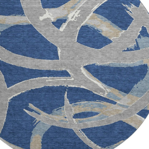 8' Navy Blue Gray And Ivory Abstract Washable Round Rug With UV Protection