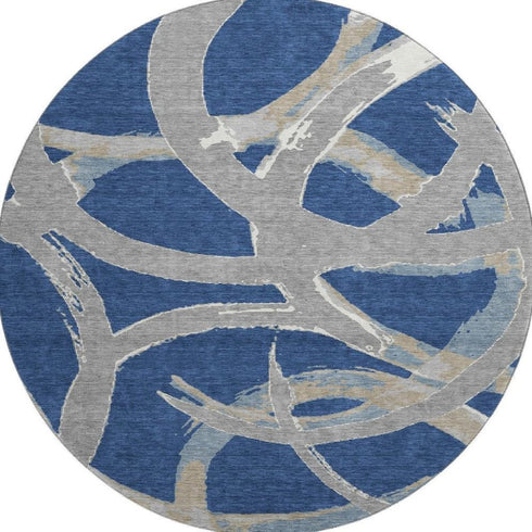 8' Navy Blue Gray And Ivory Abstract Washable Round Rug With UV Protection