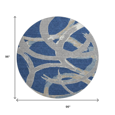 8' Navy Blue Gray And Ivory Abstract Washable Round Rug With UV Protection
