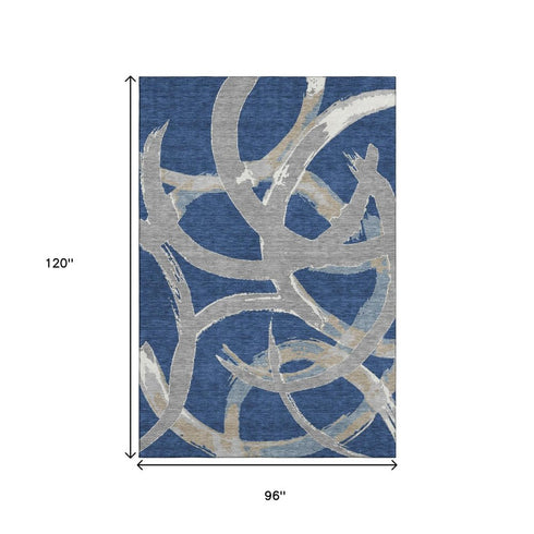 8' X 10' Navy Blue Gray And Ivory Abstract Washable Area Rug With UV Protection