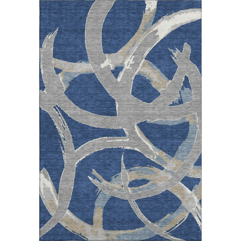 8' X 10' Navy Blue Gray And Ivory Abstract Washable Area Rug With UV Protection