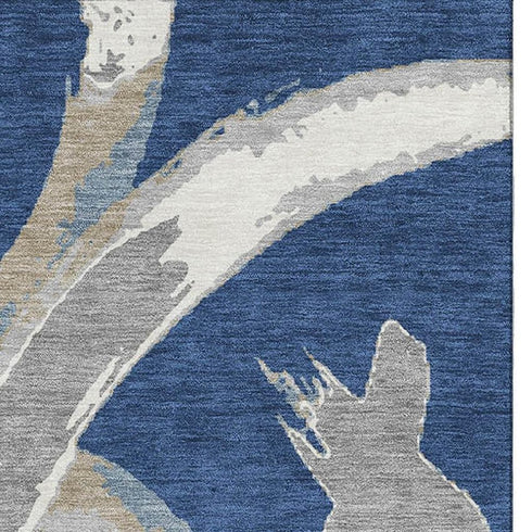 8' X 10' Navy Blue Gray And Ivory Abstract Washable Area Rug With UV Protection