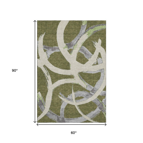 5' X 8' Olive Green Gray And Beige Abstract Washable Area Rug With UV Protection