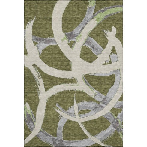 5' X 8' Olive Green Gray And Beige Abstract Washable Area Rug With UV Protection