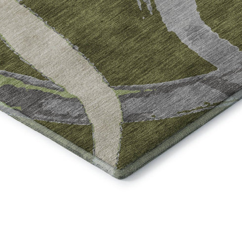 5' X 8' Olive Green Gray And Beige Abstract Washable Area Rug With UV Protection