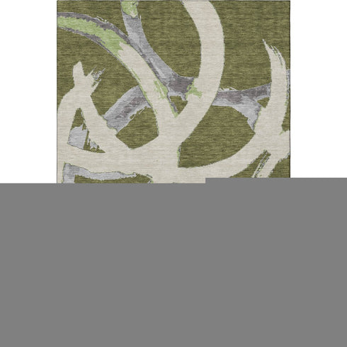 5' X 8' Olive Green Gray And Beige Abstract Washable Area Rug With UV Protection