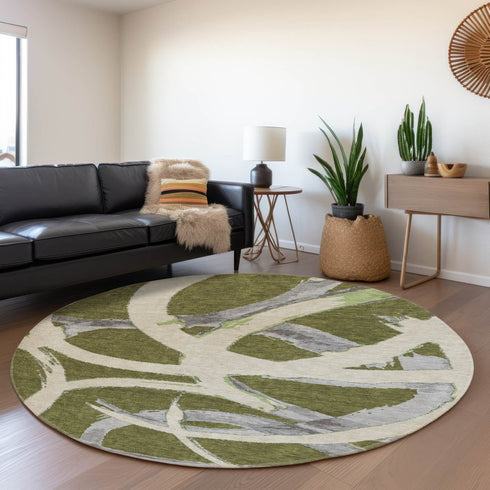 8' Olive Green Gray And Beige Abstract Washable Round Rug With UV Protection