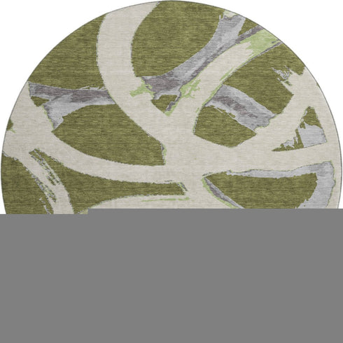 8' Olive Green Gray And Beige Abstract Washable Round Rug With UV Protection