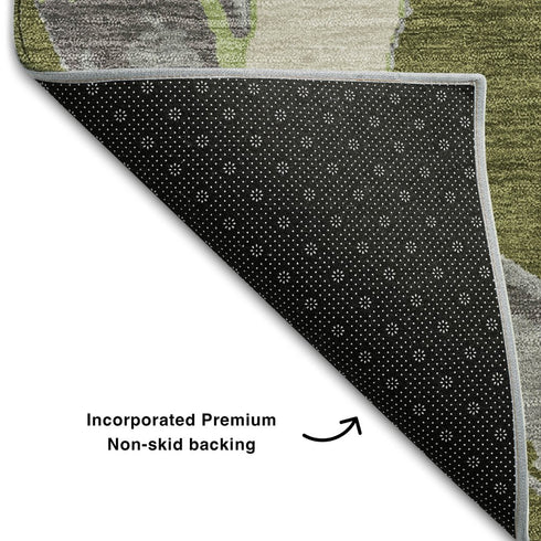 8' Olive Green Gray And Beige Abstract Washable Round Rug With UV Protection
