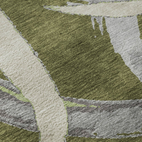 8' Olive Green Gray And Beige Abstract Washable Round Rug With UV Protection