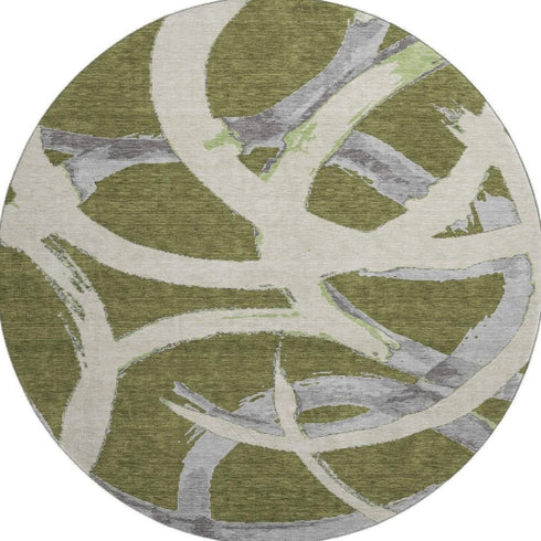 8' Olive Green Gray And Beige Abstract Washable Round Rug With UV Protection