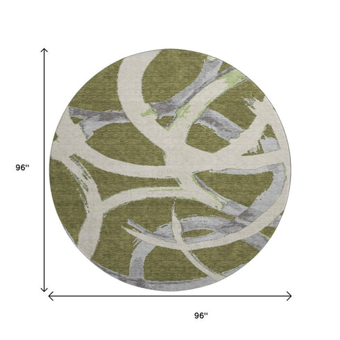 8' Olive Green Gray And Beige Abstract Washable Round Rug With UV Protection