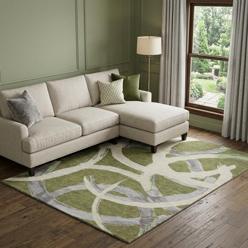 8' X 10' Olive Green Gray And Beige Abstract Washable Area Rug With UV Protection