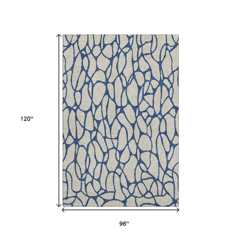 8' X 10' Beige And Navy Blue Geometric Washable Area Rug With UV Protection