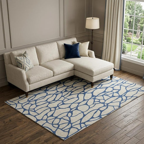 8' X 10' Beige And Navy Blue Geometric Washable Area Rug With UV Protection