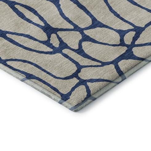 8' X 10' Beige And Navy Blue Geometric Washable Area Rug With UV Protection