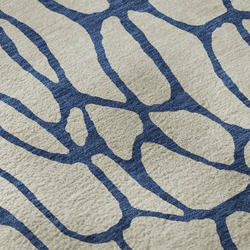 8' X 10' Beige And Navy Blue Geometric Washable Area Rug With UV Protection