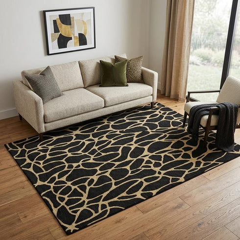 5' X 8' Black And Gold Geometric Washable Area Rug With UV Protection