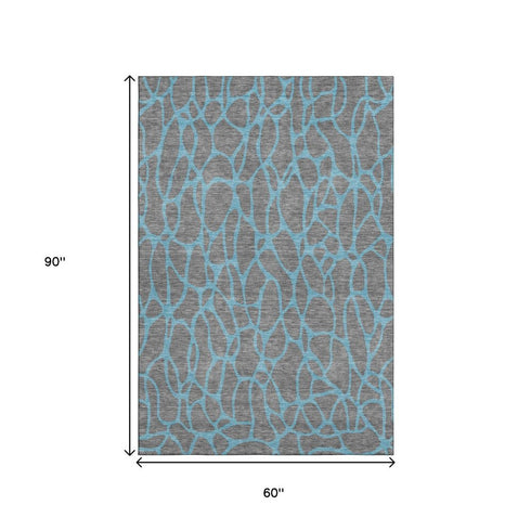 5' X 8' Gray And Aqua Geometric Washable Area Rug With UV Protection