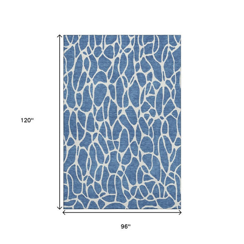 8' X 10' Blue And Ivory Geometric Washable Area Rug With UV Protection
