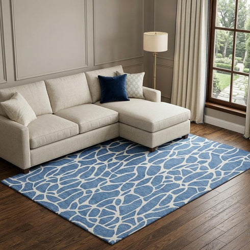 8' X 10' Blue And Ivory Geometric Washable Area Rug With UV Protection