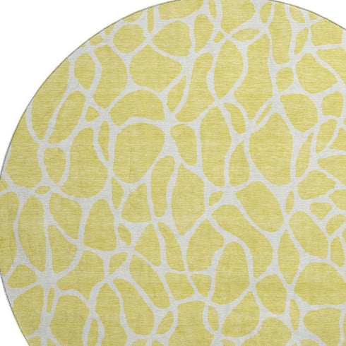 8' Yellow And Ivory Geometric Washable Round Rug With UV Protection