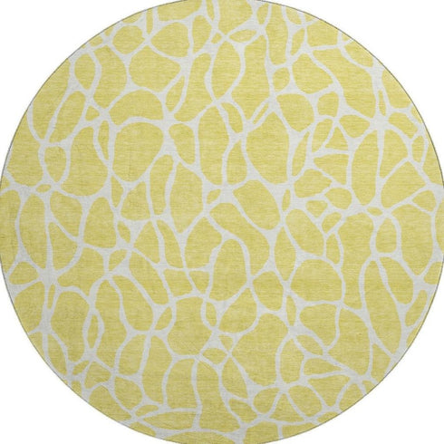 8' Yellow And Ivory Geometric Washable Round Rug With UV Protection