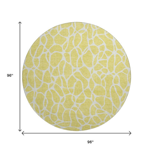 8' Yellow And Ivory Geometric Washable Round Rug With UV Protection
