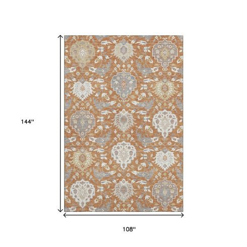 9' X 12' Copper Gray And Ivory Damask Washable Area Rug With UV Protection
