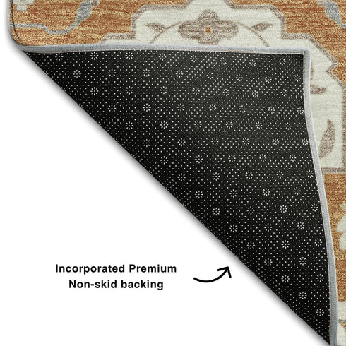 9' X 12' Copper Gray And Ivory Damask Washable Area Rug With UV Protection