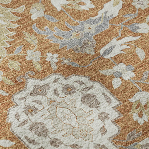9' X 12' Copper Gray And Ivory Damask Washable Area Rug With UV Protection