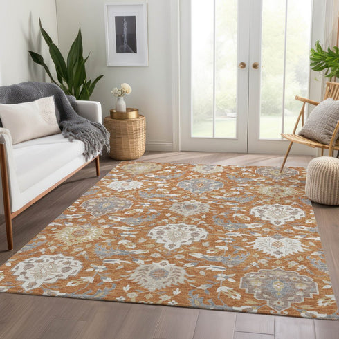 9' X 12' Copper Gray And Ivory Damask Washable Area Rug With UV Protection