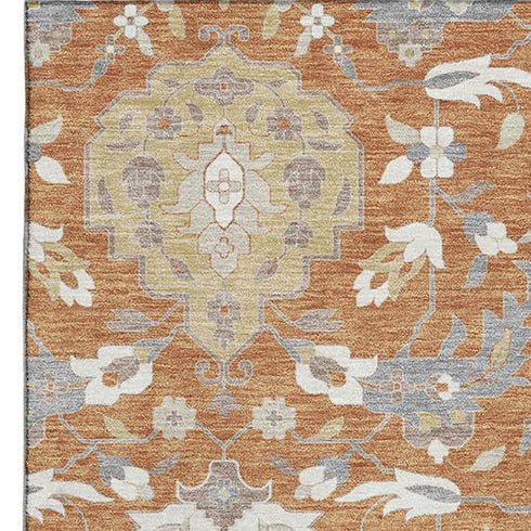 9' X 12' Copper Gray And Ivory Damask Washable Area Rug With UV Protection