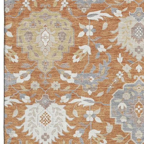 9' X 12' Copper Gray And Ivory Damask Washable Area Rug With UV Protection
