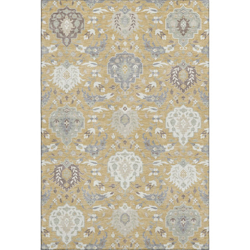 5' X 8' Gold Gray And Ivory Damask Washable Area Rug With UV Protection