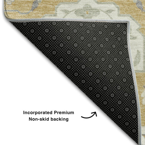5' X 8' Gold Gray And Ivory Damask Washable Area Rug With UV Protection
