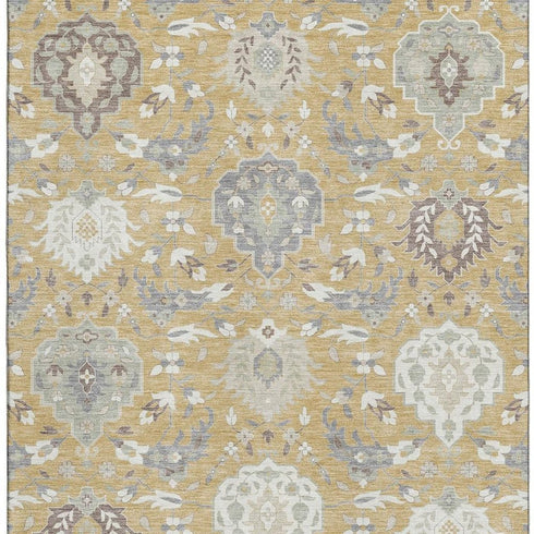5' X 8' Gold Gray And Ivory Damask Washable Area Rug With UV Protection