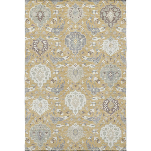 5' X 8' Gold Gray And Ivory Damask Washable Area Rug With UV Protection