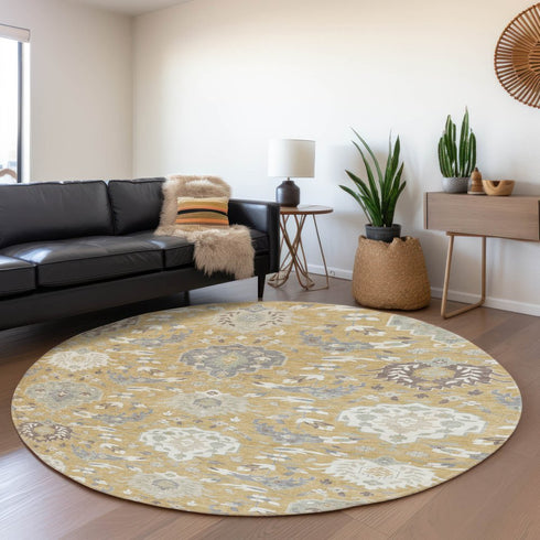 8' Gold Gray And Ivory Damask Washable Round Rug With UV Protection