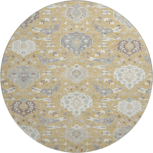8' Gold Gray And Ivory Damask Washable Round Rug With UV Protection