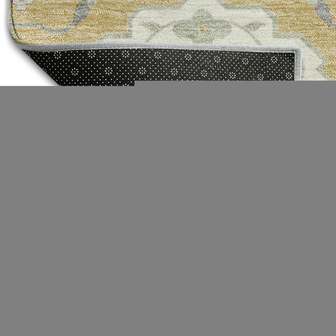 8' Gold Gray And Ivory Damask Washable Round Rug With UV Protection