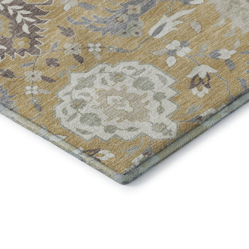 8' Gold Gray And Ivory Damask Washable Round Rug With UV Protection